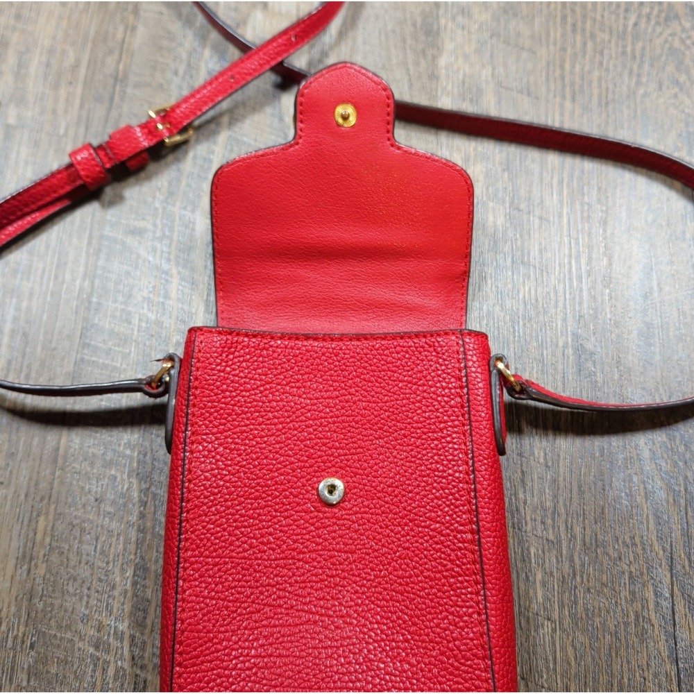 Lauren Ralph Lauren Jacquard Phone Crossbody Bag Red Pebbled Cow Leather Small - Picture 6 of 10